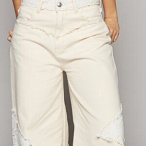 POL Cream Distressed Wide-Leg Pants